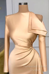 Modest Long Sleeves Ruched Mermaid Semi Formal Prom Dresses With Cool Shoudler